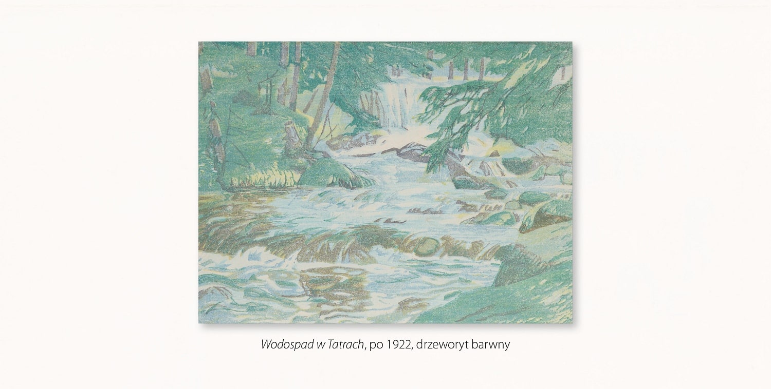Wodospad w Tatrach, po 1922, drzeworyt barwny przedstawia fragment wartko płynącego potoku z widocznymi w nurcie głazami, brzegi porośnięte drzewami iglastymi, całość utrzymana w chłodnej zielonej tonacji